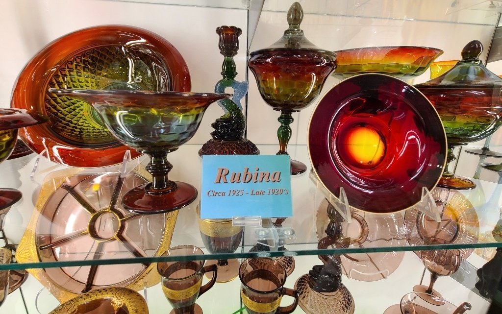 A beautiful rainbow colored glassware manufactured by Cambridge Glass.