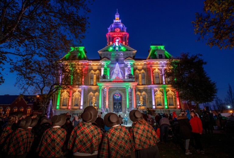 Dickens Victorian Village Guernsey County Courthouse Light Show smaller 768x520